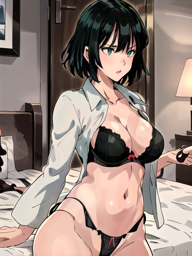 1 girl, fubuki, solo, green eyes, short hair, cowboy shot, dress, (cleavage, showing black thong underwear: 1.5) jewelry, sorrowful expression, thick thighs, (masterpiece:1.3), (vibrant: 1.2), better quality,
,hotel room