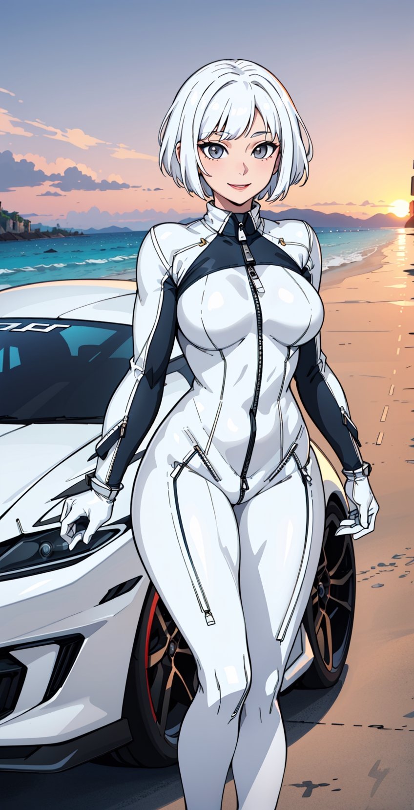 sole_female, Korean, race_queen, white hair, ((very short hair)), ((white tight bodysuit:1.5)), ((beach)), white eyes, ((white supercar:1.5)),, , ((sunset)), Beautiful smile, mature girl, (((Open Zipper))), white long coat, round naval, beautiful breast, slim belly 