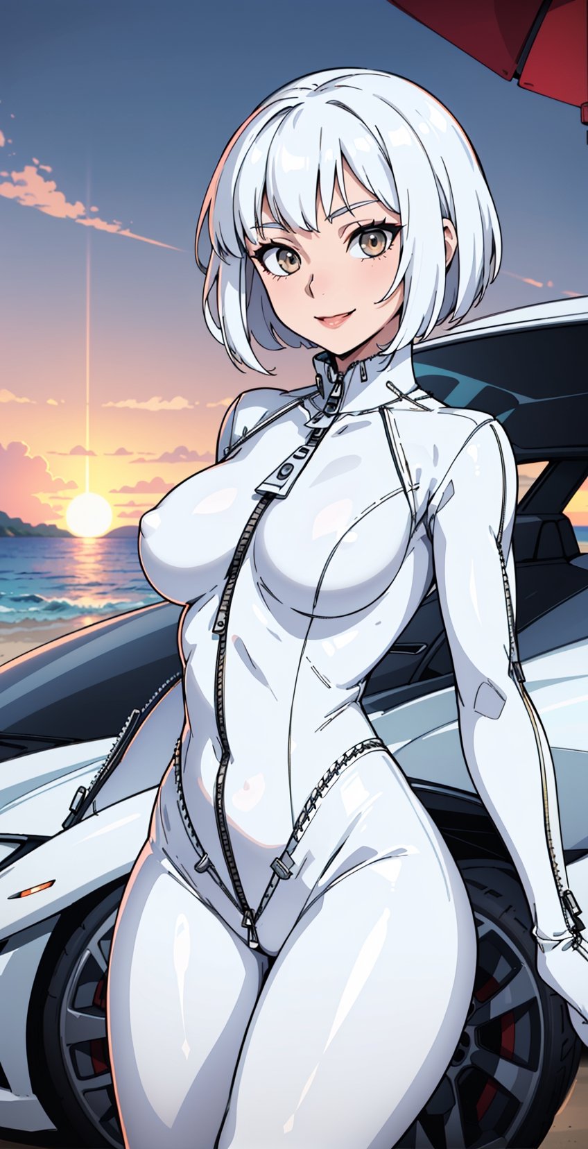 sole_female, Korean, race_queen, white hair, ((very short hair)), ((white tight bodysuit:1.5)), ((beach)), white eyes, ((white supercar:1.5)),, , ((sunset)), Beautiful smile, mature girl, (((Open Zipper))), white long coat, round naval, beautiful breast, slim belly 