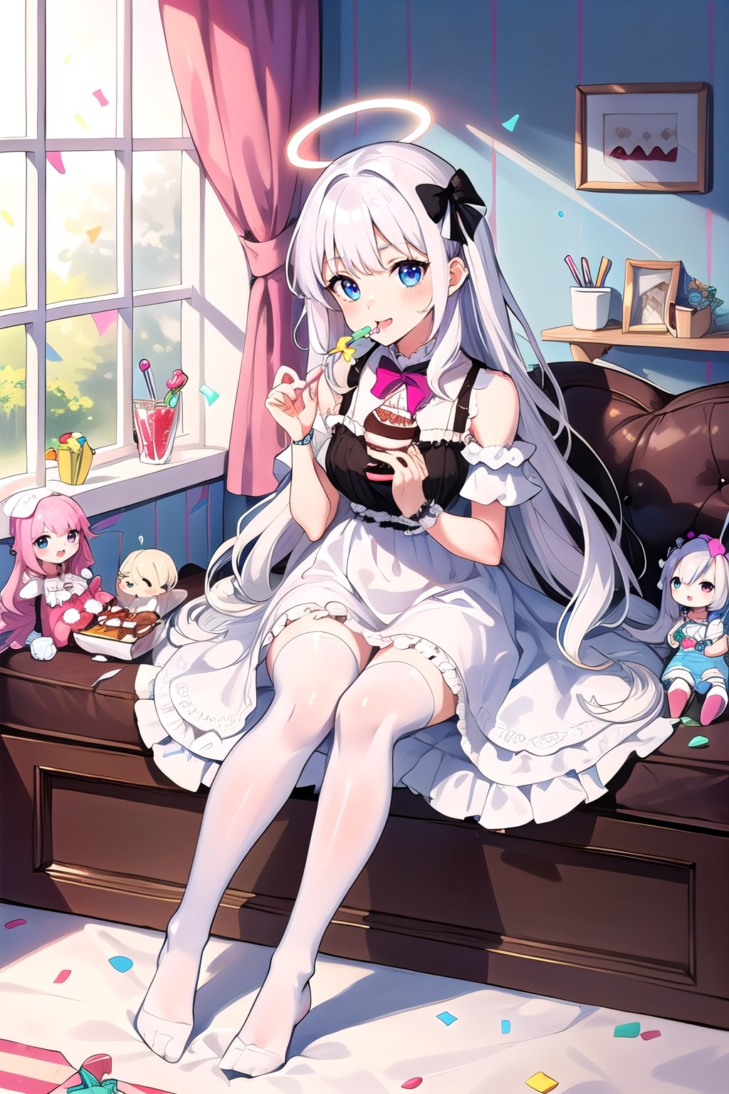 1girl, bright white hair, long hair, lolita dress, white dress, short dress, white thigh stockings, rainbow, heart, heart pillow, pastel, crystal, halo, colorful, pink, purple, blue, doll, ((many dolls)) , ((Sunlight coming through the window)) ((background, cute house)), ((bright atmosphere)), ((doll in the house)), ((sitting, full body)), Candy Land, grass background, candy, snacks , lollipop, chocolate, ice cream, swirl lollipop, strawberry, sundae, donut, cake, cupcake, balloon, chocolate bar, foam, cream, whipped cream, dessert, pastry, candy wrapper, icing, teacup, confetti, cotton candy, show. panties 