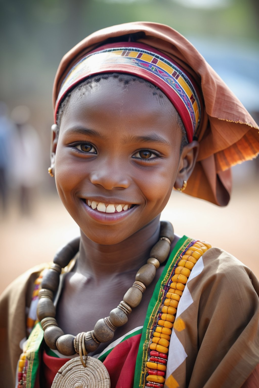 masterpiece, a RAW full body shot photography of a young pretty girl from Tanzania wearing traditional clothing, smiling at viewer, 8k, fine detail, intricate detail, depth of field, highres