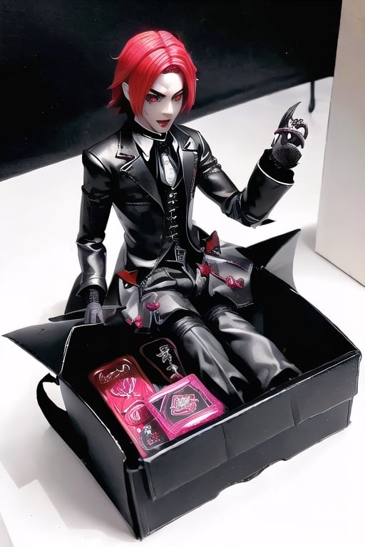 (Blister gift box Inbox satan male doll playset) ((Devil male doll like)) kit box / blister pack / horror Satanist symbols gothic horror accessories included in the package / horror style / ((horror gothic devil doll)) photorealistic 