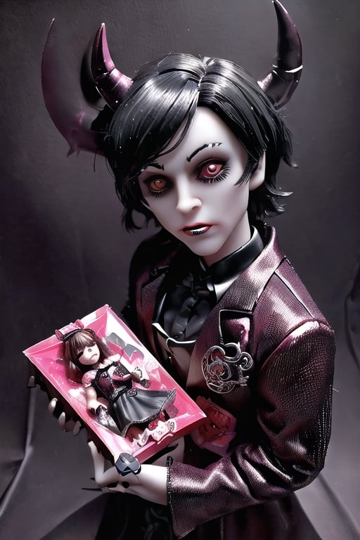 (Blister gift box Inbox satan male doll playset) ((Devil male doll like)) kit box / blister pack / horror Satanist symbols gothic horror accessories included in the package / horror style / ((horror gothic devil doll)) photorealistic 