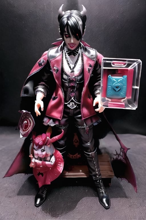 (Blister gift box Inbox satan male doll playset) ((Devil male doll like)) kit box / blister pack / horror Satanist symbols gothic horror accessories included in the package / horror style / ((horror gothic devil doll)) photorealistic 