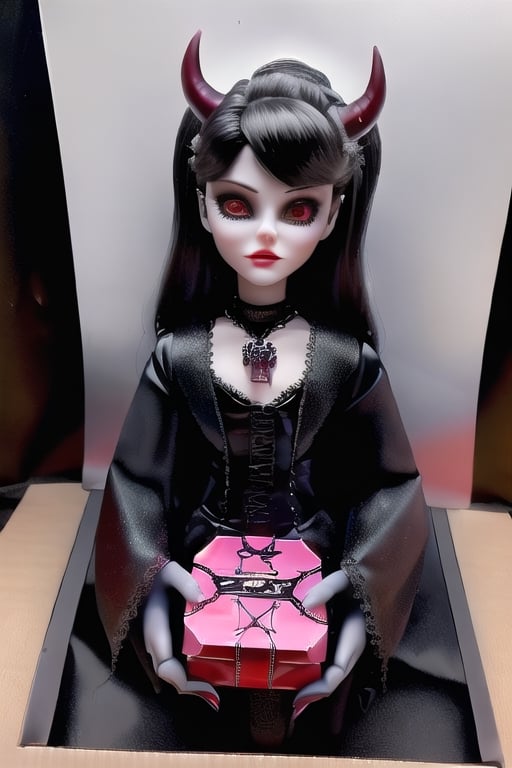 (Blister gift box Inbox satan male doll playset) ((Devil male doll like)) kit box / blister pack / horror Satanist symbols gothic horror accessories included in the package / horror style / ((horror gothic devil doll)) photorealistic 