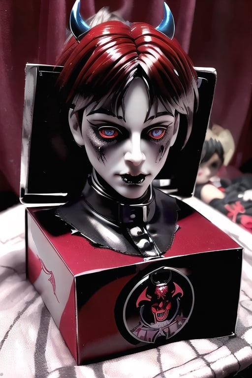 (Blister gift box Inbox satan male doll playset) ((Devil male doll like)) kit box / blister pack / horror Satanist symbols gothic horror accessories included in the package / horror style / ((horror gothic devil doll)) photorealistic 