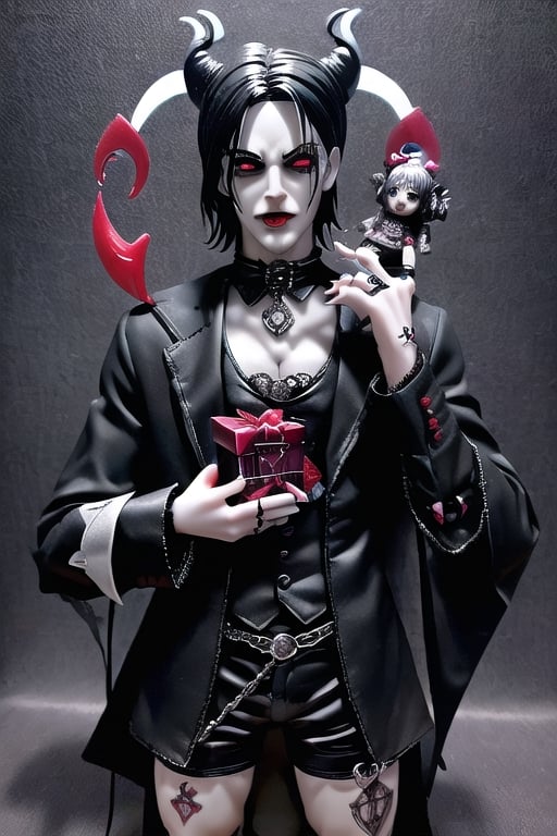 (Blister gift box Inbox satan male doll playset) ((Devil male doll like)) kit box / blister pack / horror Satanist symbols gothic horror accessories included in the package / horror style / ((horror gothic devil doll)) photorealistic 