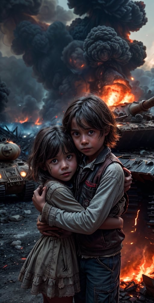 Two orphaned children embrace in the middle of war. A boy and a girl, both around 10 years old, wearing torn and dirty clothes. They have brown hair and green eyes. They are scared and sad, but also relieved to have each other. They are crying and hugging each other tightly. They look at the camera with a mixture of fear and hope. They are on a street destroyed by bombs and gunfire. There is smoke, fire and debris everywhere. There are bodies of soldiers and civilians on the ground. There are tanks, planes and helicopters in the background. The camera is at eye level with the children, showing a medium shot of their faces and bodies. The camera is tilted slightly to convey the feeling of chaos and instability. The children are in the center of the image, occupying most of the space. They are framed by contrasting elements, such as fire and smoke, which create an atmosphere of danger and tension. The image has a dark and moody color palette, with shades of grey, brown and red. The lighting is dim and diffuse, coming mainly from fire and explosions. There are harsh shadows and strong contrasts in the image. The children are illuminated by a soft, warm light, which highlights their faces and creates a focus of attention in the image.