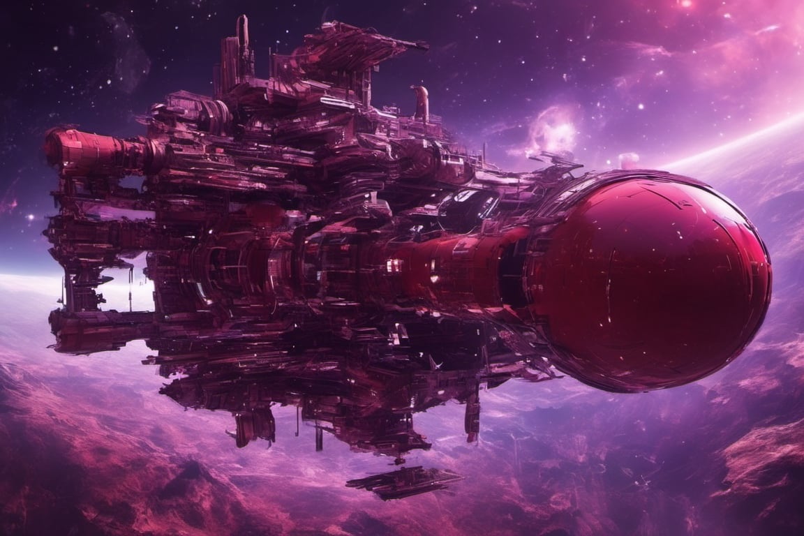 massive spherical orbital ship by zak zaman, docket at a spaceport to refule  in the style of realistic scenery, dark red and purple, wollensak 127mm f/4.7 ektar, neogeo, ultra hd, sparklecore, enlightenment era