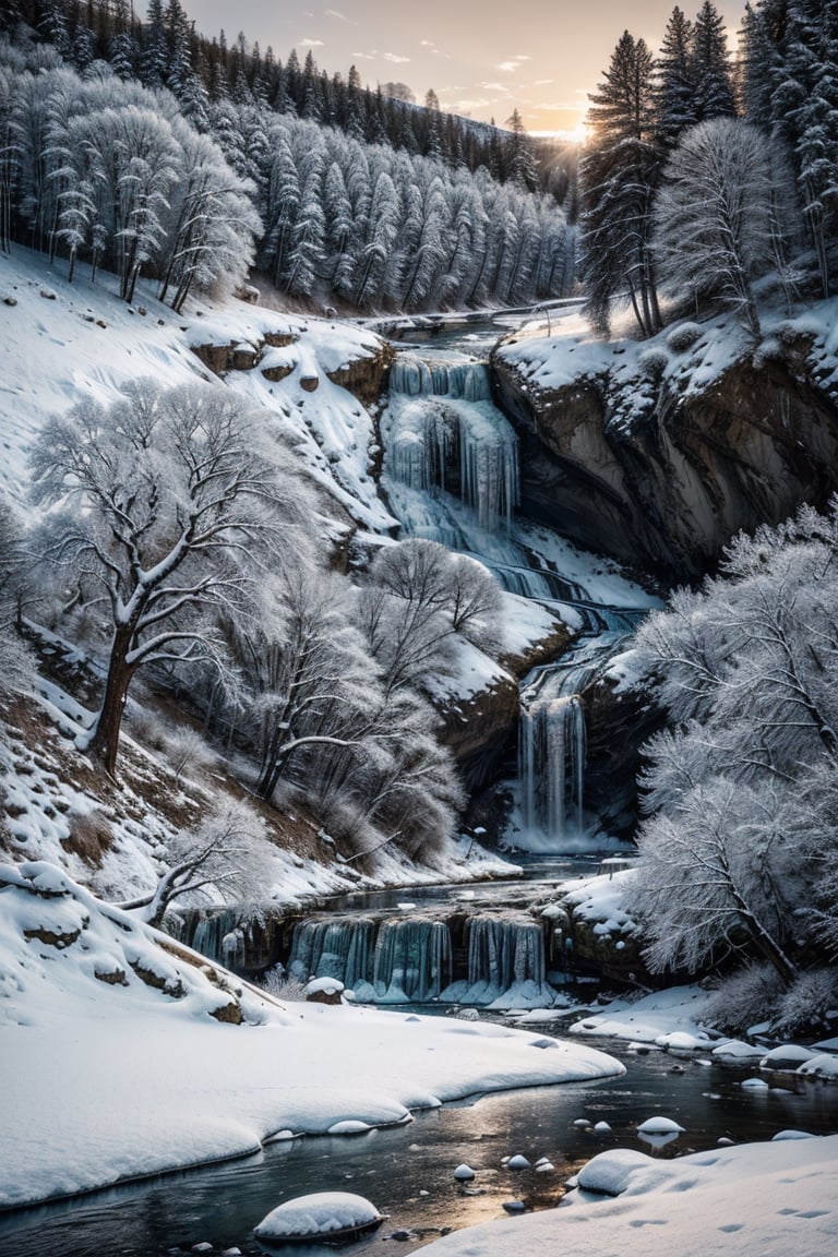  mountain stream landscape painting, (((snowcowerd labscape and trees, frozen waterfall))),in the style of mike campau, light white and gold, david yarrow, tj drysdale, gothic grandeur, cold and detached atmosphere, national geographic photo, sunset in the viewers back 