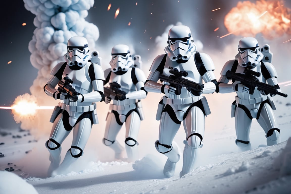 StarWars, planet Hoth - Advancing of  4 stormtrooper crosses icy plain, fire her Blasters, explosion around them, under massive laser fire,smoke, ((battlefield atmosphere)), in the style of intense and dramatic lighting, war photography, furaffinity, tilt-shift photography, yankeecore, rtx on, high quality photo , 