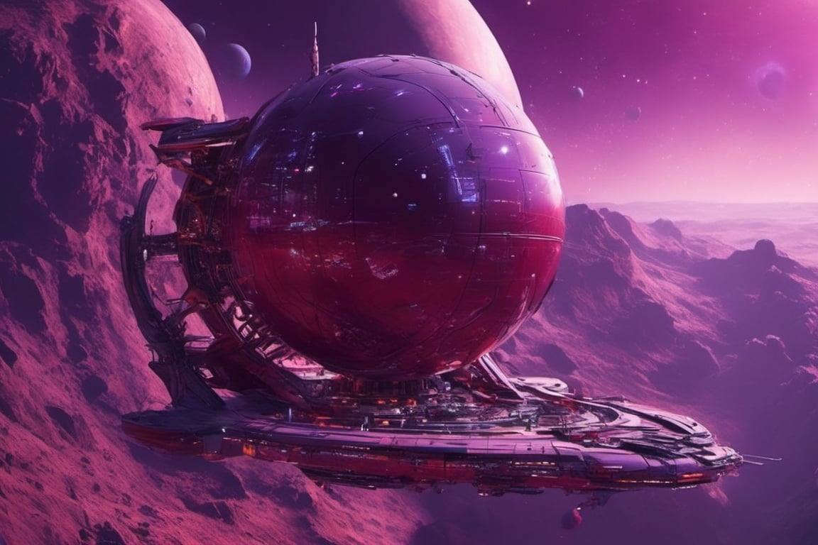 massive spherical orbital ship by zak zaman, docket at a spaceport to refule  in the style of realistic scenery, dark red and purple, wollensak 127mm f/4.7 ektar, neogeo, ultra hd, sparklecore, enlightenment era