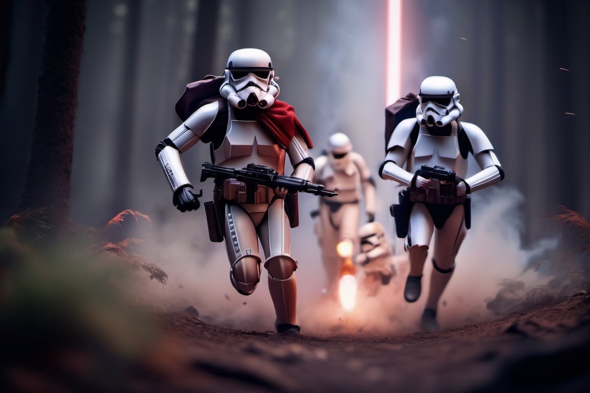 A scout starwars stormtrooper and a normale one running to the viewer on the moon endor, under laser fire, explosion around them, smoke, battlefield atmosphere, in the style of intense and dramatic lighting, war photography, furaffinity, tilt-shift photography, yankeecore, rtx on, high quality photo 