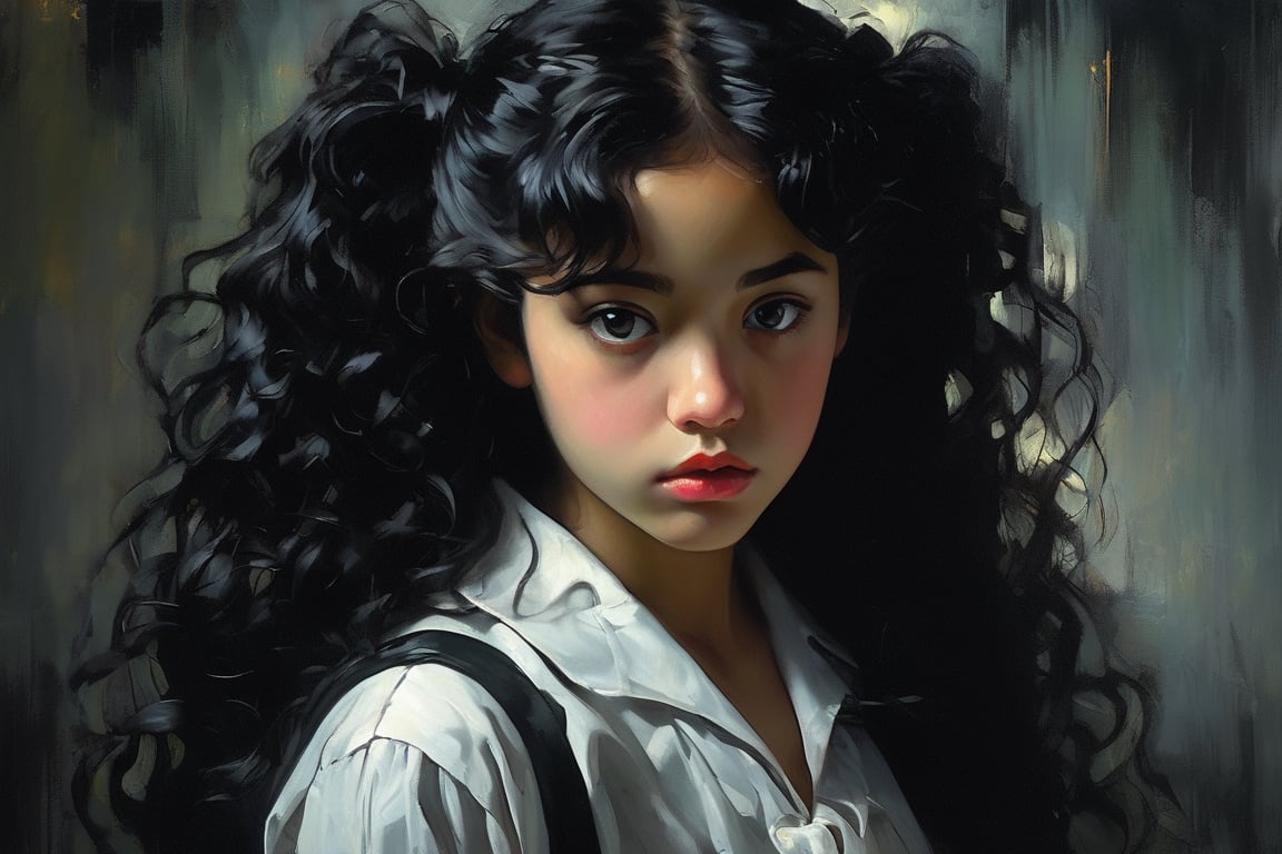 


luminous high definition ultra reality portrait of expressive 19 year old Hispanic girl with long black curly hair ,Darkness, horror, creepy, Impressionist Anime painting,  oil painting, disease, mine - type, mass - produced type, cross, slanted eyes, spanish school uniform twintails, , horror movie atmosphere, dramatic light atmosphere, by Malcolm Liepke, Casey Baugh, jujin ito, and Nick Alm