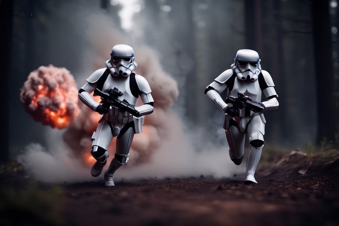 two starwars stormtrooper running to thw viewer on the moon endor, explosion around them, smoke, battlefield atmosphere, in the style of intense and dramatic lighting, war photography, furaffinity, tilt-shift photography, yankeecore, rtx on, high quality photo 