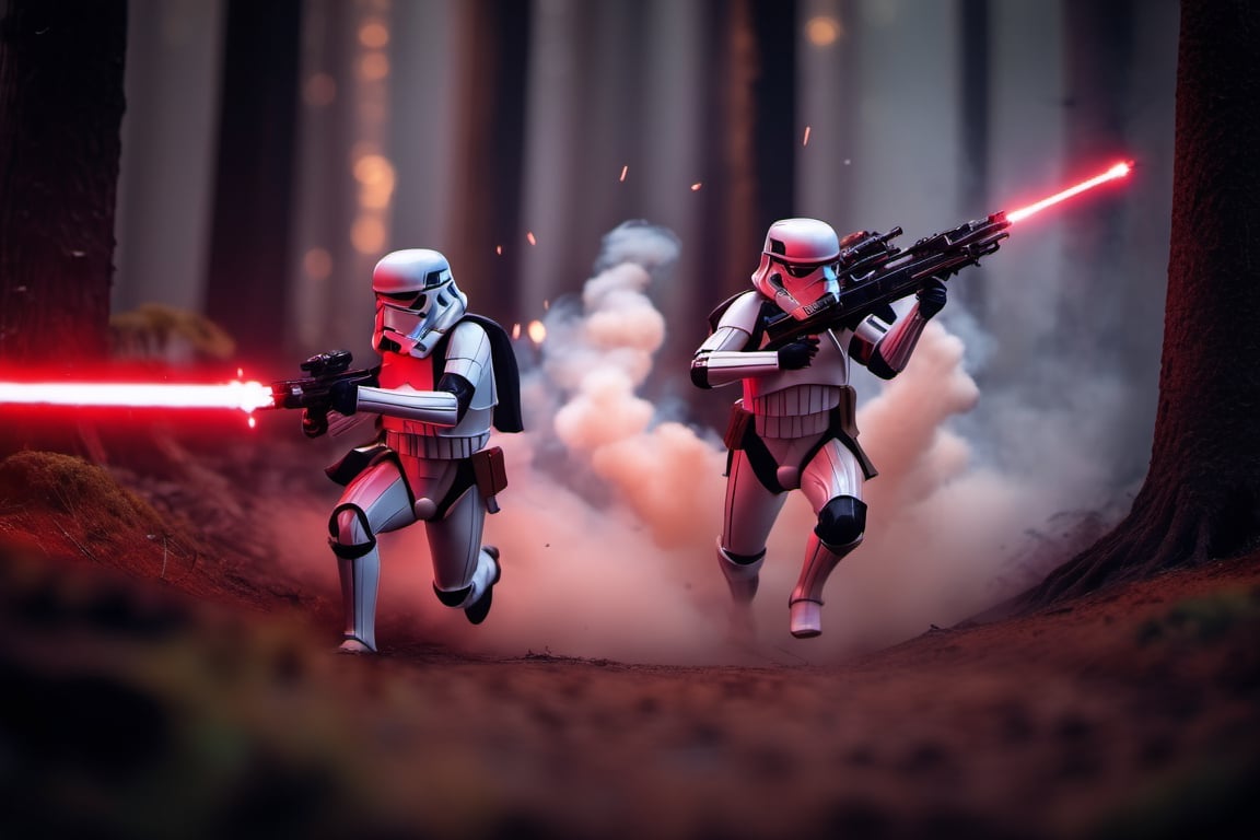 A scout starwars stormtrooper and a normale one running to the viewer on the Forrest moon endor, under massive laser fire, explosion around them, smoke, battlefield atmosphere, in the style of intense and dramatic lighting, war photography, furaffinity, tilt-shift photography, yankeecore, rtx on, high quality photo , seen from above 