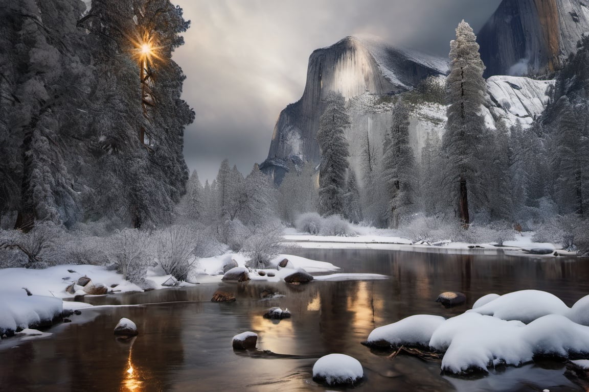 (((Yosemite park))), mountain stream landscape painting, in the style of mike campau, light white and gold, david yarrow, tj drysdale, gothic grandeur, cold and detached atmosphere, national geographic photo, 
,Landskaper