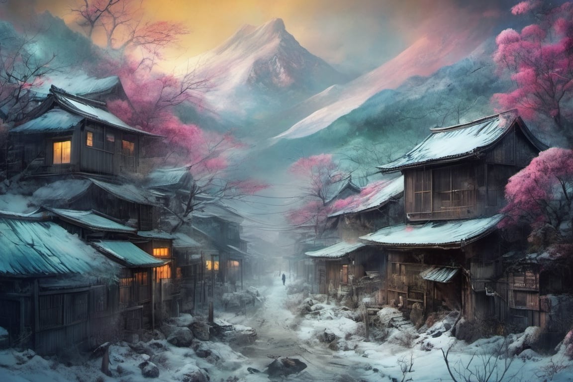 Old Japanese village in the snowy mountains of Hokkaido, style of ( Jeremiah Ketner, Kim Keever, John Atkinson Grimshaw) post apocalyptic ,gothic, horror ,darkpunk dark wood, abandoned port , steam fog smoke 16k IMAX photograph, vivid colours