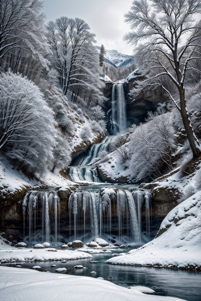  mountain stream landscape painting, (((snowcowerd labscape and trees, frozen waterfall))),in the style of mike campau, light white and gold, david yarrow, tj drysdale, gothic grandeur, cold and detached atmosphere, national geographic photo