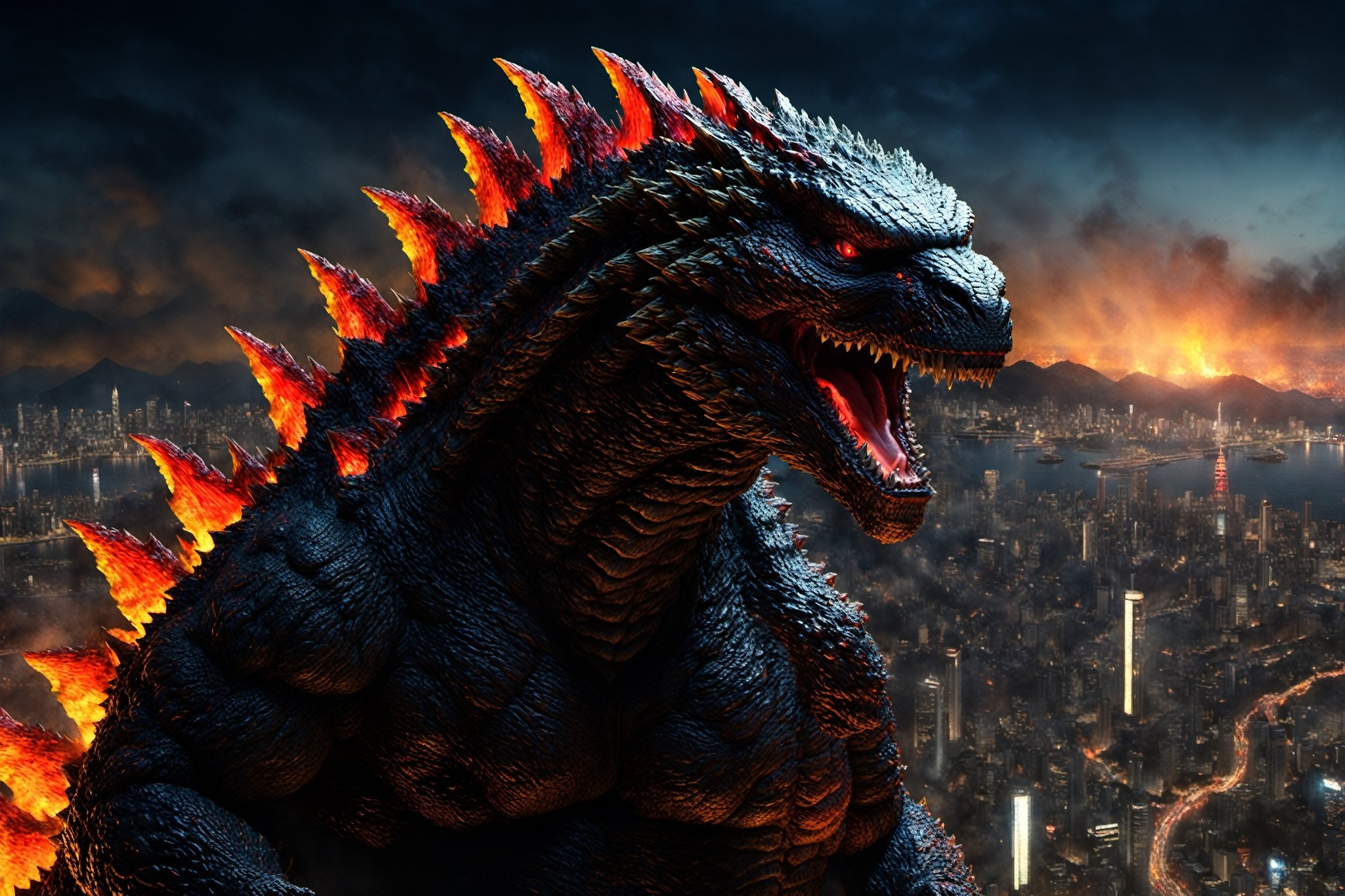 Tilt-shift photo,a godzilla looking over a city at night, by Adam Marczyński, digital art, rendered in cinema 4 d octane, city on fire, the style of andreas rocha, highly realistic photo, shin godzilla, liam neeson versus godzilla, character portrait of godzilla, octane render”, detailed hot maw, epic concept art. bokeh, ultra realistic picture