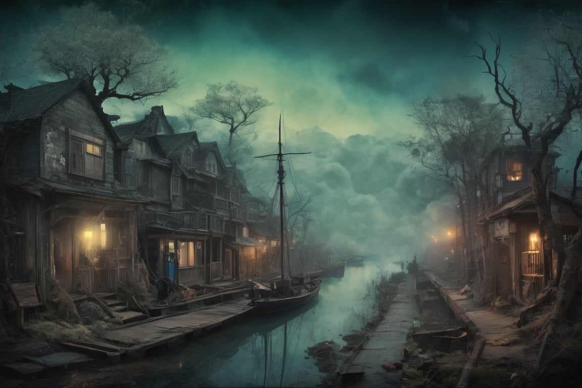 style of (Hokusai, Jeremiah Ketner, Kim Keever, John Atkinson Grimshaw) post apocalyptic ,gothic, horror ,darkpunk dark wood, abandoned port , steam fog smoke 16k IMAX photograph, vivid colours