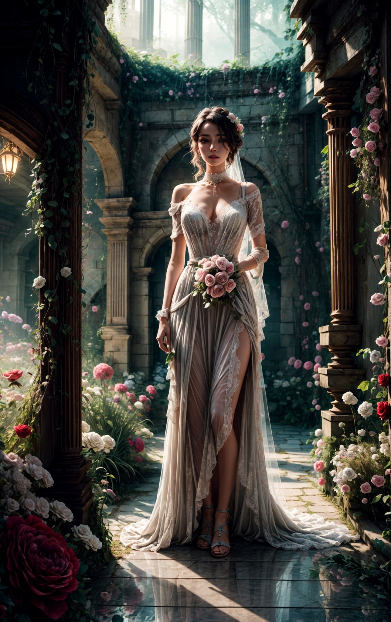 (((Full body view))), by royo, hyperdetailed, hyperrealistic, vivid portrait of a beautiful ghostly undead woman, fog, mist, translucent body, at midnight, Strikes a pose of melancholy, standing among the withered roses, holding a bouquet of also withered wedding flowers, She wears an ancient and worn extravagant wedding dress, intricate, detailed, embroidered, with lace and transparencies, Stands out in an old but neglected garden, with withered roses and overgrown hedges, The subdued light accentuates the decadent details, Perfect composition, exquisite attention to details, realistic reflections, UHD, 8k, ultra-detailed texture, volumetric light, cinematic effects, masterpiece, trending on ArtStation, Octane 3D rendering, Mysterious