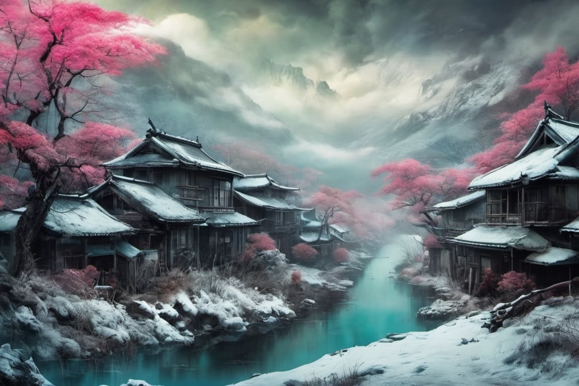 Old Japanese village in the snowy mountains of Hokkaido, style of ( Jeremiah Ketner, Kim Keever, John Atkinson Grimshaw) post apocalyptic ,gothic, horror ,darkpunk dark wood, abandoned port , steam fog smoke 16k IMAX photograph, vivid colours