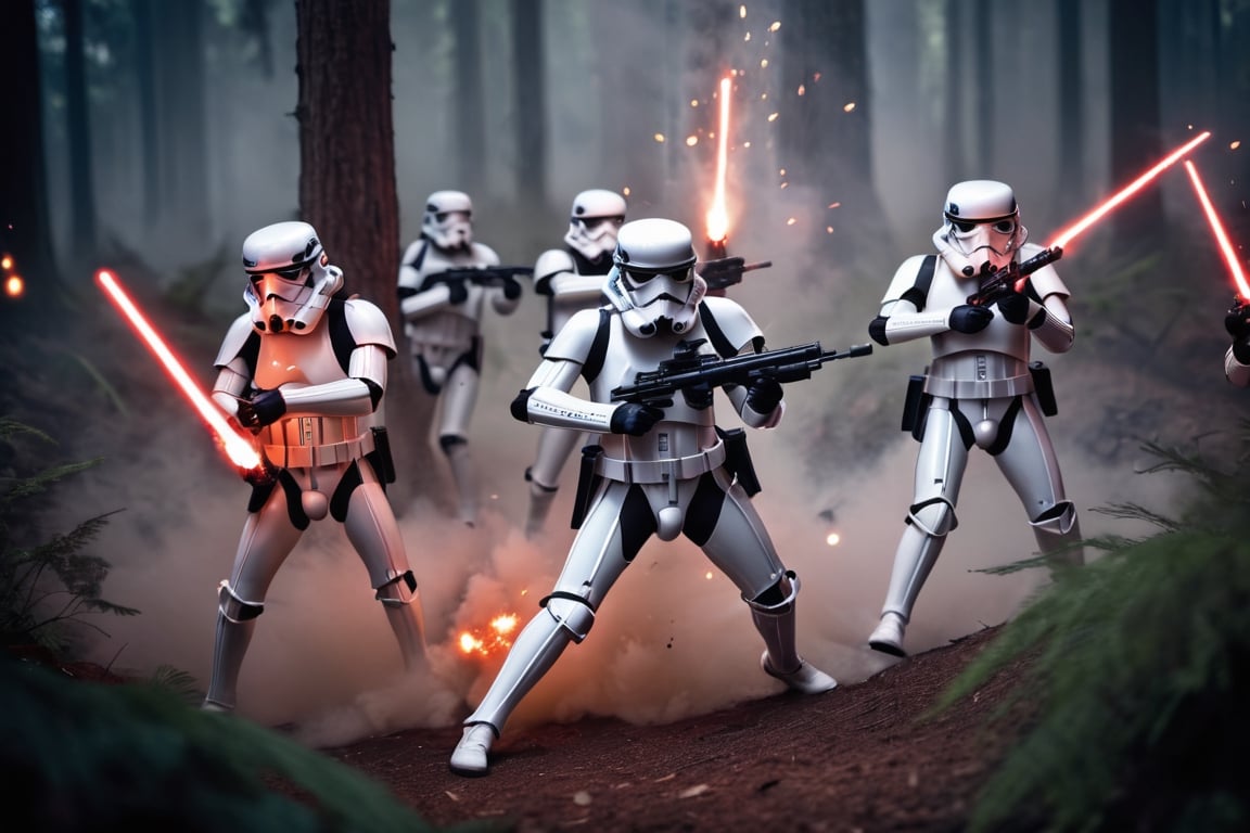 Three Stormtrooper   surrounded, fighting in a tight circle with blasters outward in all directions. the Forrest moon endor, under massive laser fire, explosion around them, smoke, battlefield atmosphere, in the style of intense and dramatic lighting, war photography, furaffinity, tilt-shift photography, yankeecore, rtx on, high quality photo , seen from above 