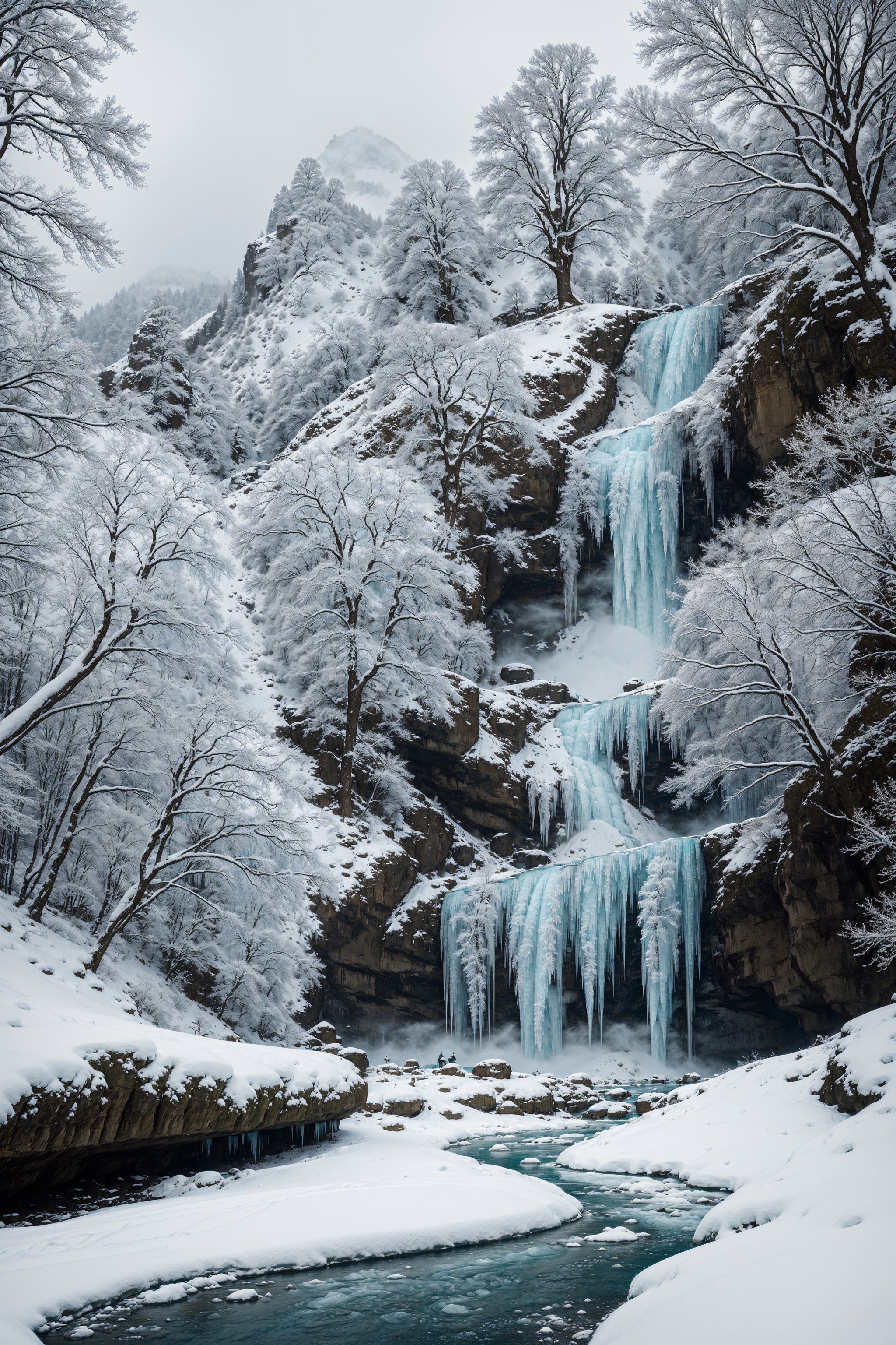  mountain stream landscape painting, (((snowcowerd labscape and trees, frozen waterfall))),in the style of mike campau, light white and gold, david yarrow, tj drysdale, gothic grandeur, cold and detached atmosphere, national geographic photo