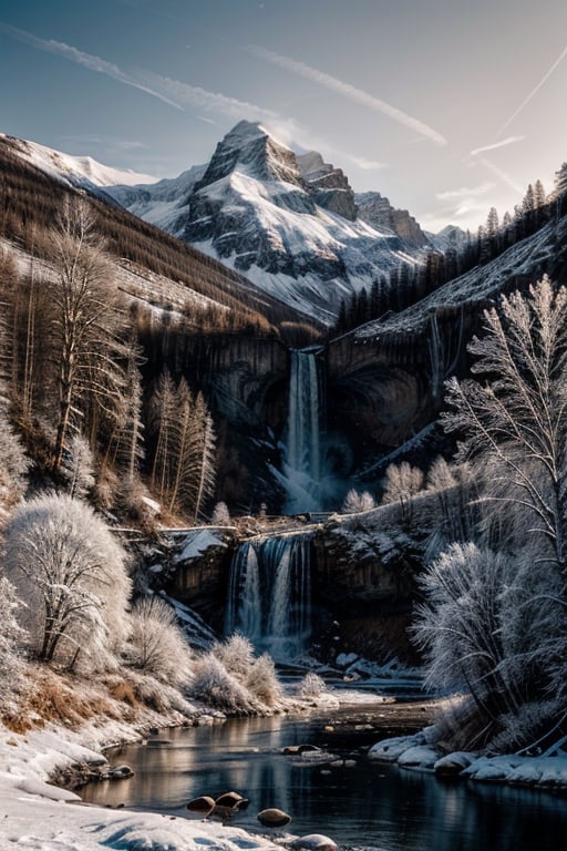  mountain stream landscape painting, (((snowcowerd labscape and trees, frozen waterfall))),in the style of mike campau, light white and gold, david yarrow, tj drysdale, gothic grandeur, cold and detached atmosphere, national geographic photo, sunset in the viewers back 