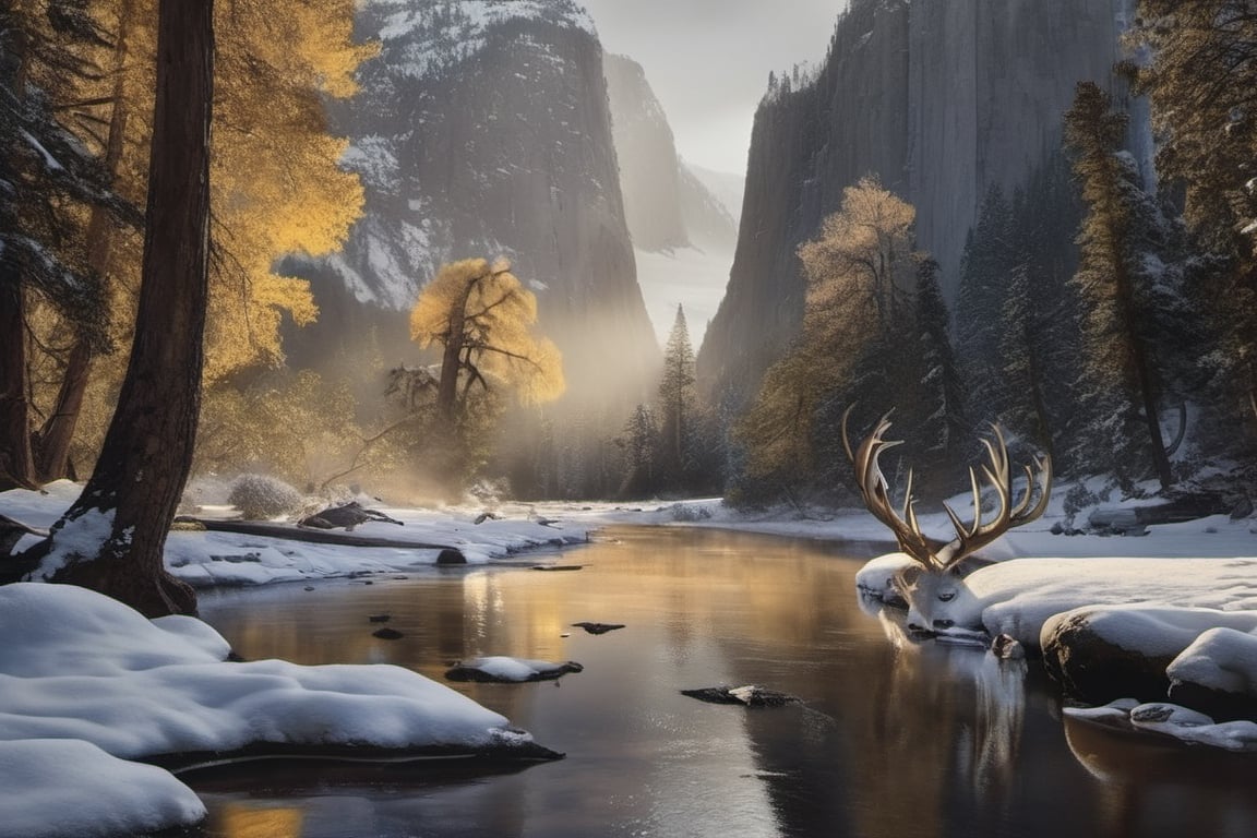 (((Yosemite park))), mountain stream landscape painting, in the style of mike campau, light white and gold, david yarrow, tj drysdale, gothic grandeur, cold and detached atmosphere, national geographic photo, deer drinks from the river
,Landskaper