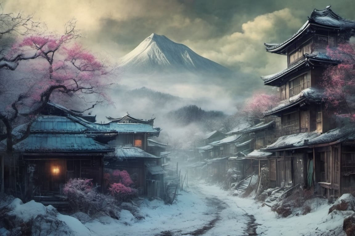 Old Japanese village in the snowy mountains of Hokkaido, style of ( Jeremiah Ketner, Kim Keever, John Atkinson Grimshaw) post apocalyptic ,gothic, horror ,darkpunk dark wood, abandoned port , steam fog smoke 16k IMAX photograph, vivid colours