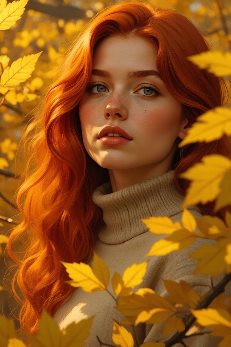 Portrait style image featuring a young woman with fair skin and long, wavy red hair. She is surrounded by autumnal foliage with vibrant yellow leaves, creating a warm and seasonal atmosphere. The woman is wearing a cozy, oversized beige sweater, and her expression is serene as she gazes off into the distance. The background is slightly blurred, emphasizing the subject and the leaves in the foreground. The overall composition is balanced, with the leaves framing the woman's face, adding depth and texture to the image. The overall color palette of the image is warm, with rich autumnal hues dominating the background. Ben Bauchau, Michael Garmash, Daniel F Gerhartz, Clint Cearley, Carne Griffiths, Jean Baptiste Monge, strybk style, warm dreamy lighting, matte background, volumetric lighting, pulp adventure style, fluid acrylic, dynamic gradients, bold color, illustration, highly detailed, simple, smooth and clean vector curves, vector art, smooth, johan grenier, character design, 3d shadowing, fanbox, cinematic, ornate motifs, elegant organic framing, hyperrealism, posterized, masterpiece collection, bright lush colors, TXAA, penumbra, alcohol paint, wet gouache, ultrarealistic, film grain, surreal, moody, ethereal fantasy, amazing depth, cinematic film still, sharp focus, (James Christensen), Gustav Klimt, (Anne Bachelier:1.2), (Lillian Bassman, Erwin Blumenfeld),shabby chic,, 1920s retrofuturism, industrial, art deco, coherent, (Dieselpunk:1.3)sparkles,in the style of vargas,REALNIME