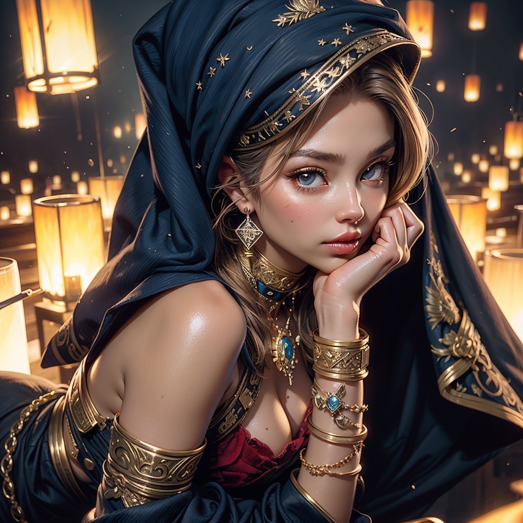 Digital illustration featuring a woman with long, curly blond hair adorned with a jeweled headpiece and a blue veil. She has a fair skin tone and striking golden eyes, with a contemplative expression on her face. She is dressed in a traditional blue outfit with gold accents, including arm cuffs and a top that reveals her midriff. The setting is a cozy, tent-like space illuminated by warm, glowing lanterns, creating a serene and intimate atmosphere. The background is softly blurred, emphasizing the subject and the ambient lighting.. Ben Bauchau, Michael Garmash, Daniel F Gerhartz, Clint Cearley, Carne Griffiths, Jean Baptiste Monge, strybk style, warm dreamy lighting, matte background, volumetric lighting, pulp adventure style, fluid acrylic, dynamic gradients, bold color, illustration, highly detailed, simple, smooth and clean vector curves, vector art, smooth, johan grenier, character design, 3d shadowing, fanbox, cinematic, ornate motifs, elegant organic framing, hyperrealism, posterized, masterpiece collection, bright lush colors, TXAA, penumbra, alcohol paint, wet gouache, ultrarealistic, film grain, surreal, moody, ethereal fantasy, amazing depth, cinematic film still, sharp focus, (James Christensen), Gustav Klimt, (Anne Bachelier:1.2), (Lillian Bassman, Erwin Blumenfeld),shabby chic,, 1920s retrofuturism, industrial, art deco, coherent, (Dieselpunk:1.3)sparkles,in the style of vargas. Ben Bauchau, Michael Garmash, Daniel F Gerhartz, Clint Cearley, Carne Griffiths, Jean Baptiste Monge, strybk style, warm dreamy lighting, matte background, volumetric lighting, pulp adventure style, fluid acrylic, dynamic gradients, bold color, illustration, highly detailed, simple, smooth and clean vector curves, vector art, smooth, johan grenier, character design, 3d shadowing, fanbox, cinematic, ornate motifs, elegant organic framing, hyperrealism, posterized, masterpiece collection, bright lush colors, TXAA, penumbra, alcohol paint, wet gouache, ultrarealistic, film grain, surreal, moody, ethereal fantasy, amazing depth, cinematic film still, sharp focus, (James Christensen), Gustav Klimt, (Anne Bachelier:1.2), (Lillian Bassman, Erwin Blumenfeld),shabby chic,, 1920s retrofuturism, industrial, art deco, coherent, (Dieselpunk:1.3)sparkles,in the style of vargas,REALNIME,Gojo satoru,realhands