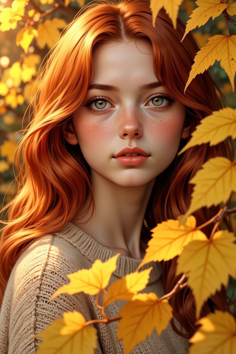 Portrait style image featuring a young woman with fair skin, blue eyes and long, wavy red hair. She is surrounded by autumnal foliage with vibrant yellow leaves, creating a warm and seasonal atmosphere. The woman is wearing a cozy, oversized beige sweater, and her expression is serene as she gazes off into the distance. The background is slightly blurred, emphasizing the subject and the leaves in the foreground. The overall composition is balanced, with the leaves framing the woman's face, adding depth and texture to the image. The overall color palette of the image is warm, with rich autumnal hues dominating the background. Ben Bauchau, Michael Garmash, Daniel F Gerhartz, Clint Cearley, Carne Griffiths, Jean Baptiste Monge, strybk style, warm dreamy lighting, matte background, volumetric lighting, pulp adventure style, fluid acrylic, dynamic gradients, bold color, illustration, highly detailed, simple, smooth and clean vector curves, vector art, smooth, johan grenier, character design, 3d shadowing, fanbox, cinematic, ornate motifs, elegant organic framing, hyperrealism, posterized, masterpiece collection, bright lush colors, TXAA, penumbra, alcohol paint, wet gouache, ultrarealistic, film grain, surreal, moody, ethereal fantasy, amazing depth, cinematic film still, sharp focus, (James Christensen), Gustav Klimt, (Anne Bachelier:1.2), (Lillian Bassman, Erwin Blumenfeld),shabby chic,, 1920s retrofuturism, industrial, art deco, coherent, (Dieselpunk:1.3)sparkles,in the style of vargas,REALNIME