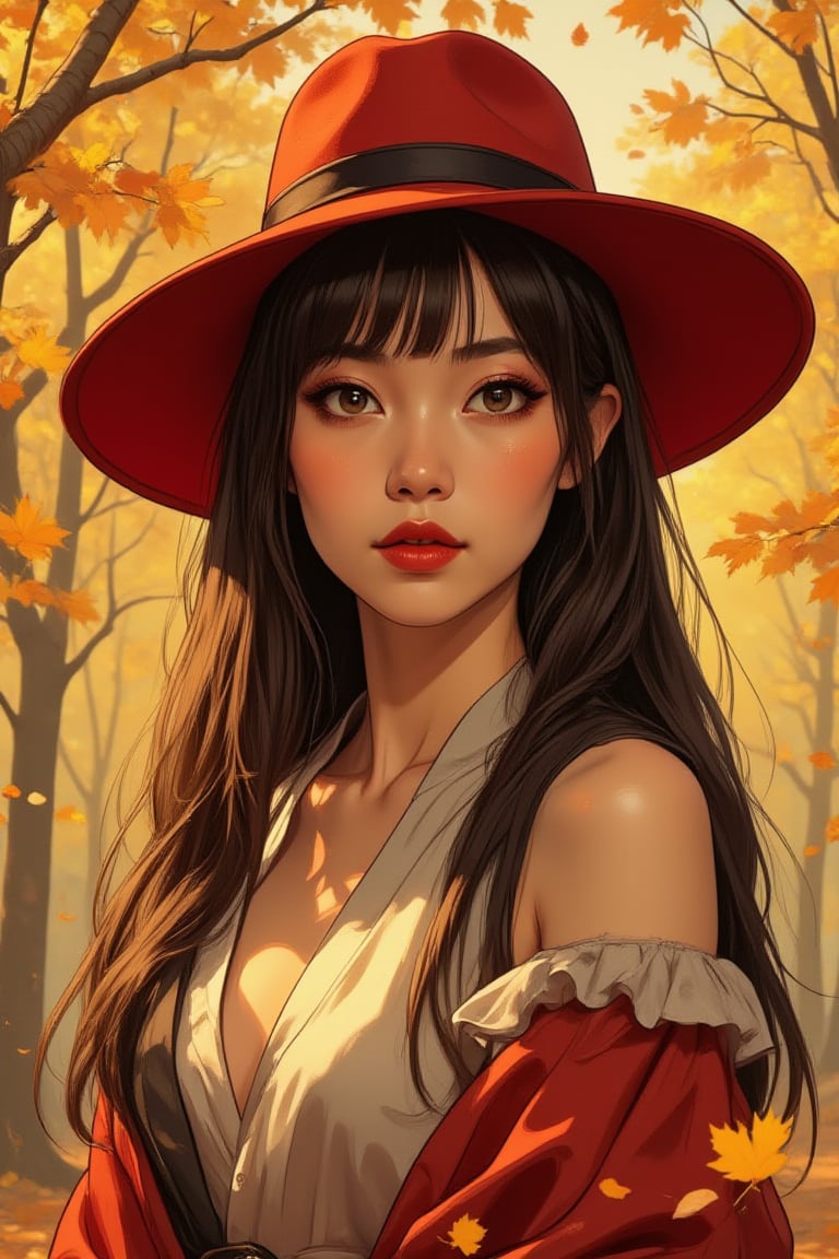 Portrait-style image featuring a woman standing outdoors against a backdrop of vibrant autumn leaves. She has long, straight dark brown hair with bangs and fair skin. She is wearing a Red wide-brimmed hat and a beige swater. Red lipstick. The woman is looking to yellow leaf in the air. The overall color palette of the image is warm, with rich autumnal hues dominating the background. Ben Bauchau, Michael Garmash, Daniel F Gerhartz, Clint Cearley, Carne Griffiths, Jean Baptiste Monge, strybk style, warm dreamy lighting, matte background, volumetric lighting, pulp adventure style, fluid acrylic, dynamic gradients, bold color, illustration, highly detailed, simple, smooth and clean vector curves, vector art, smooth, johan grenier, character design, 3d shadowing, fanbox, cinematic, ornate motifs, elegant organic framing, hyperrealism, posterized, masterpiece collection, bright lush colors, TXAA, penumbra, alcohol paint, wet gouache, ultrarealistic, film grain, surreal, moody, ethereal fantasy, amazing depth, cinematic film still, sharp focus, (James Christensen), Gustav Klimt, (Anne Bachelier:1.2), (Lillian Bassman, Erwin Blumenfeld),shabby chic,, 1920s retrofuturism, industrial, art deco, coherent, (Dieselpunk:1.3)sparkles,in the style of vargas,REALNIME