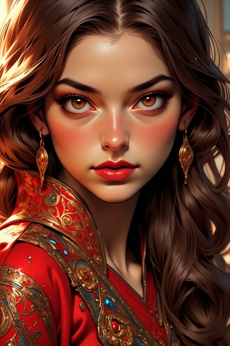 A portait of a beautiful, detailed face, woman with long dark brown very straight hair and shining red eyes, red lips, dressed in a red clothes, golden jewerly. Ben Bauchau, Michael Garmash, Daniel F Gerhartz, Clint Cearley, Carne Griffiths, Jean Baptiste Monge, strybk style, warm dreamy lighting, matte background, volumetric lighting, pulp adventure style, fluid acrylic, dynamic gradients, bold color, illustration, highly detailed, simple, smooth and clean vector curves, vector art, smooth, johan grenier, character design, 3d shadowing, fanbox, cinematic, ornate motifs, elegant organic framing, hyperrealism, posterized, masterpiece collection, bright lush colors, TXAA, penumbra, alcohol paint, wet gouache, ultrarealistic, film grain, surreal, moody, ethereal fantasy, amazing depth, cinematic film still, sharp focus, (James Christensen), Gustav Klimt, (Anne Bachelier:1.2), (Lillian Bassman, Erwin Blumenfeld),shabby chic,, 1920s retrofuturism, industrial, art deco, coherent, (Dieselpunk:1.3)sparkles,in the style of vargas