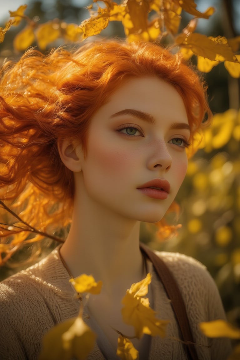 Portrait style image featuring a ginger young woman with fair skin, blue eyes and long, wavy red hair. She is surrounded by autumnal foliage with vibrant yellow leaves, creating a warm and seasonal atmosphere. The woman is wearing a cozy, oversized beige sweater, and her expression is serene as she gazes off into the distance. The background is slightly blurred, emphasizing the subject and the leaves in the foreground. The overall composition is balanced, with the leaves framing the woman's face, adding depth and texture to the image. The overall color palette of the image is warm, with rich autumnal hues dominating the background. Ben Bauchau, Michael Garmash, Daniel F Gerhartz, Clint Cearley, Carne Griffiths, Jean Baptiste Monge, strybk style, warm dreamy lighting, matte background, volumetric lighting, pulp adventure style, fluid acrylic, dynamic gradients, bold color, illustration, highly detailed, simple, smooth and clean vector curves, vector art, smooth, johan grenier, character design, 3d shadowing, fanbox, cinematic, ornate motifs, elegant organic framing, hyperrealism, posterized, masterpiece collection, bright lush colors, TXAA, penumbra, alcohol paint, wet gouache, ultrarealistic, film grain, surreal, moody, ethereal fantasy, amazing depth, cinematic film still, sharp focus, (James Christensen), Gustav Klimt, (Anne Bachelier:1.2), (Lillian Bassman, Erwin Blumenfeld),shabby chic,, 1920s retrofuturism, industrial, art deco, coherent, (Dieselpunk:1.3)sparkles,in the style of vargas,REALNIME