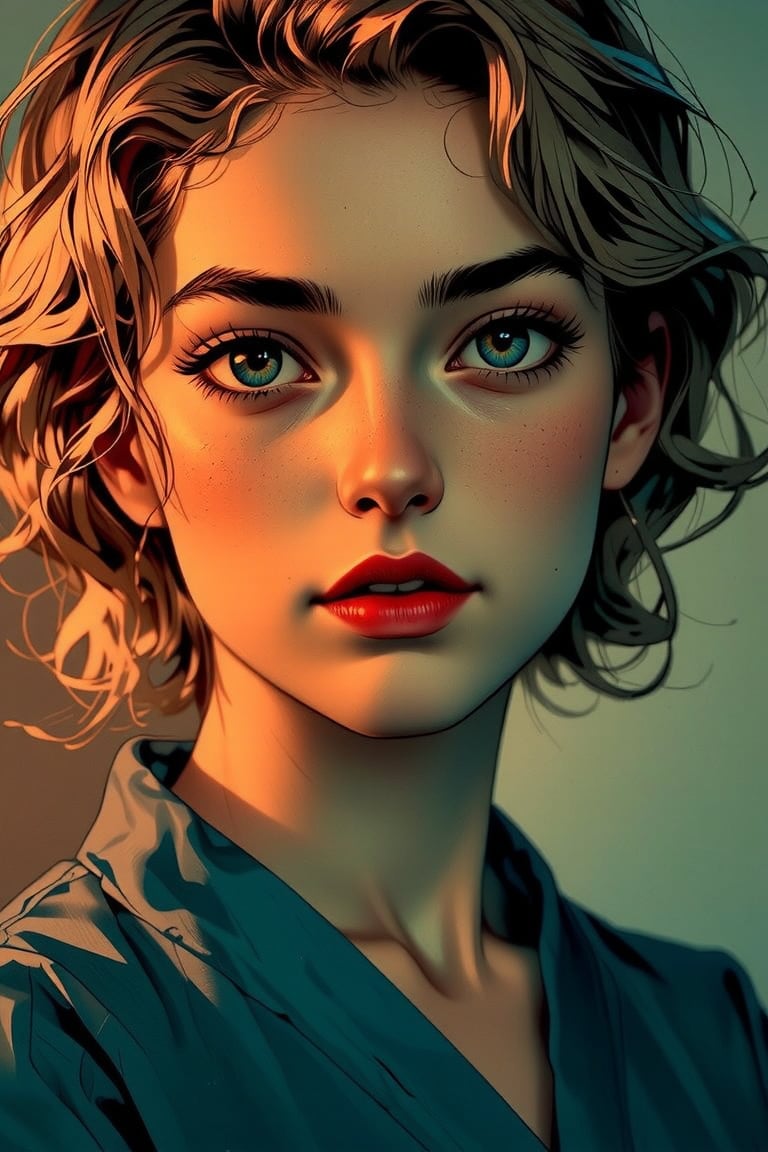 A portait of a beautiful, detailed face, woman with short blond curly hair and shining amber eyes, dressed in a blue clothes. Ben Bauchau, Michael Garmash, Daniel F Gerhartz, Clint Cearley, Carne Griffiths, Jean Baptiste Monge, strybk style, warm dreamy lighting, matte background, volumetric lighting, pulp adventure style, fluid acrylic, dynamic gradients, bold color, illustration, highly detailed, simple, smooth and clean vector curves, vector art, smooth, johan grenier, character design, 3d shadowing, fanbox, cinematic, ornate motifs, elegant organic framing, hyperrealism, posterized, masterpiece collection, bright lush colors, TXAA, penumbra, alcohol paint, wet gouache, ultrarealistic, film grain, surreal, moody, ethereal fantasy, amazing depth, cinematic film still, sharp focus, (James Christensen), Gustav Klimt, (Anne Bachelier:1.2), (Lillian Bassman, Erwin Blumenfeld),shabby chic,, 1920s retrofuturism, industrial, art deco, coherent, (Dieselpunk:1.3)sparkles,in the style of vargas