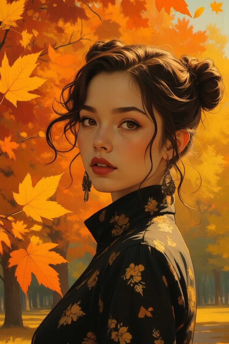 Portrait-style image featuring a woman standing outdoors against a backdrop of vibrant autumn leaves. She has dark brown hair tied up in two pigtails and shining gray eyes. She is wearing a scottish theme clothes. Bordeaux lipstick. A lot of earrings. The woman is looking to yellow leaf in the air. The overall color palette of the image is warm, with rich autumnal hues dominating the background. Ben Bauchau, Michael Garmash, Daniel F Gerhartz, Clint Cearley, Carne Griffiths, Jean Baptiste Monge, strybk style, warm dreamy lighting, matte background, volumetric lighting, pulp adventure style, fluid acrylic, dynamic gradients, bold color, illustration, highly detailed, simple, smooth and clean vector curves, vector art, smooth, johan grenier, character design, 3d shadowing, fanbox, cinematic, ornate motifs, elegant organic framing, hyperrealism, posterized, masterpiece collection, bright lush colors, TXAA, penumbra, alcohol paint, wet gouache, ultrarealistic, film grain, surreal, moody, ethereal fantasy, amazing depth, cinematic film still, sharp focus, (James Christensen), Gustav Klimt, (Anne Bachelier:1.2), (Lillian Bassman, Erwin Blumenfeld),shabby chic,, 1920s retrofuturism, industrial, art deco, coherent, (Dieselpunk:1.3)sparkles,in the style of vargas,REALNIME