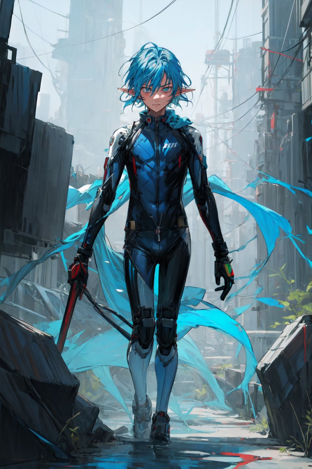 (1 boy, skinny, twink, teeny, young boy, elf, elven ears, middle hair, in a white triathlon suit, slim waist, bionic hand, full_body), middle-East cyberpunk location, cyberpunk background, masterpiece quality, best quality, highly detailed beautiful face, perfect eyes, soft sandy wind effect, cinematic still, nanase_haruka, nitori_aiichirou, vash the stampede, rimuru_tempest, perfecteyes, futureaodai, (evangelion:0.6)