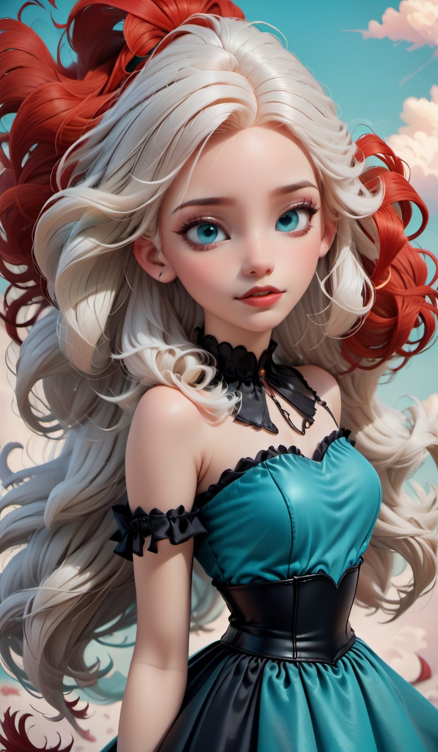 A BEAUTIFUL girl with white hair, red strands,curls, a black vintage corset,a magnificent turquoise dress. stylization, hyperdetalization, poster.