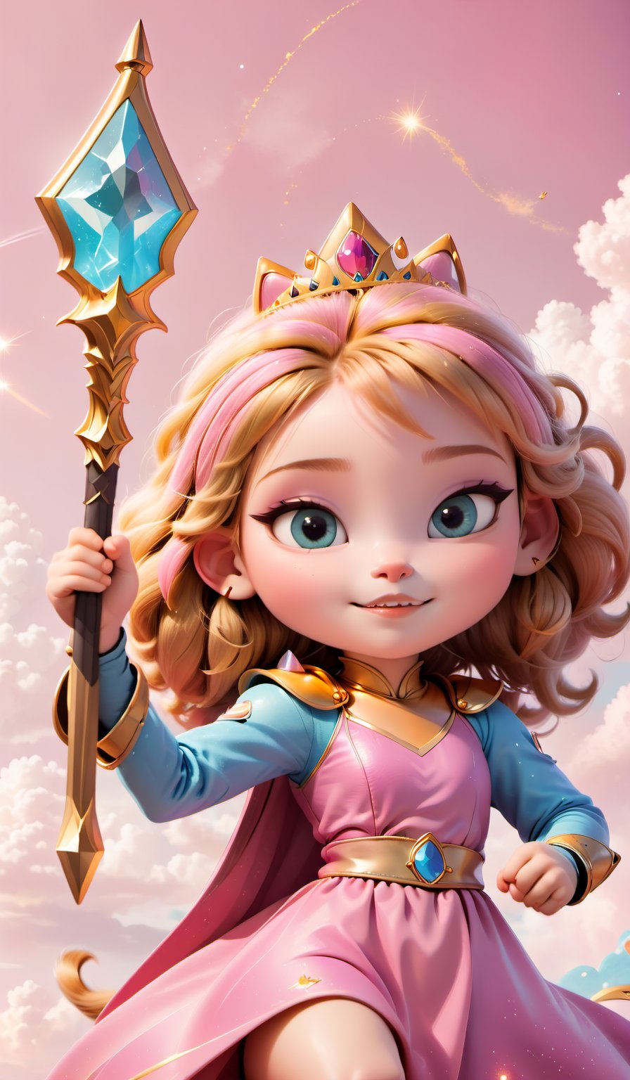  Princess space cat with golden sword in her hands on pink background with white clouds