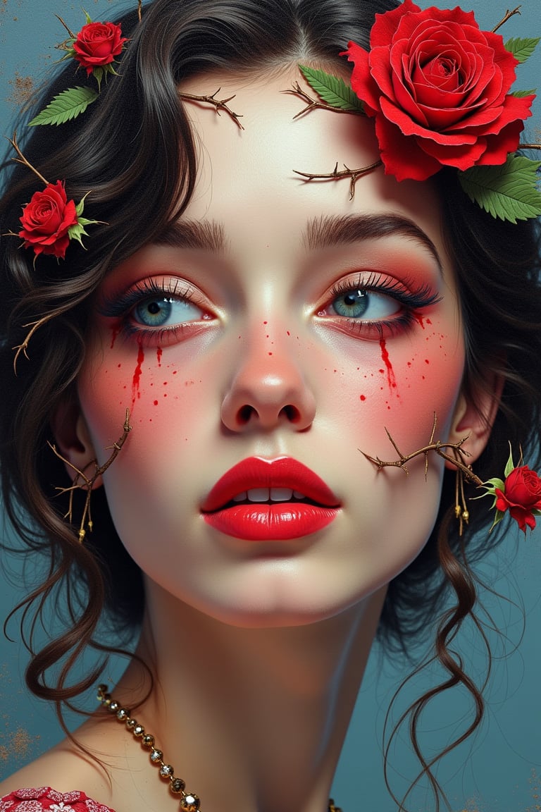 Prompt: 
Digital illustration realistic 4D, Potrait cut and paste style, beautiful face lady with amazing hue.Sewing, blurry, rose thorn decorate on face. The deep meaning impressionistic impasto-style palette knife artwork with brushstroke Ciafitteoil technique. 