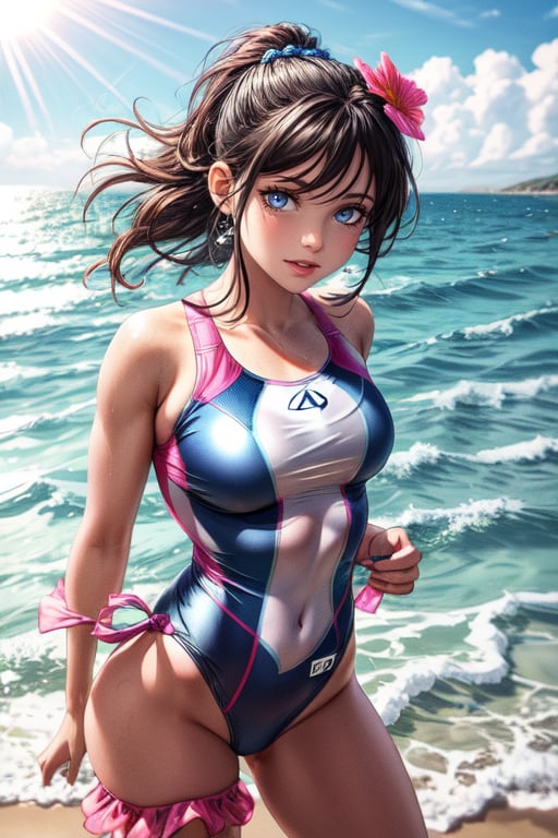 beautiful girl, beautiful face against the background of the sea, in a swimsuit, posing for the camera. the sun is shining, stylization, hyper-detailed