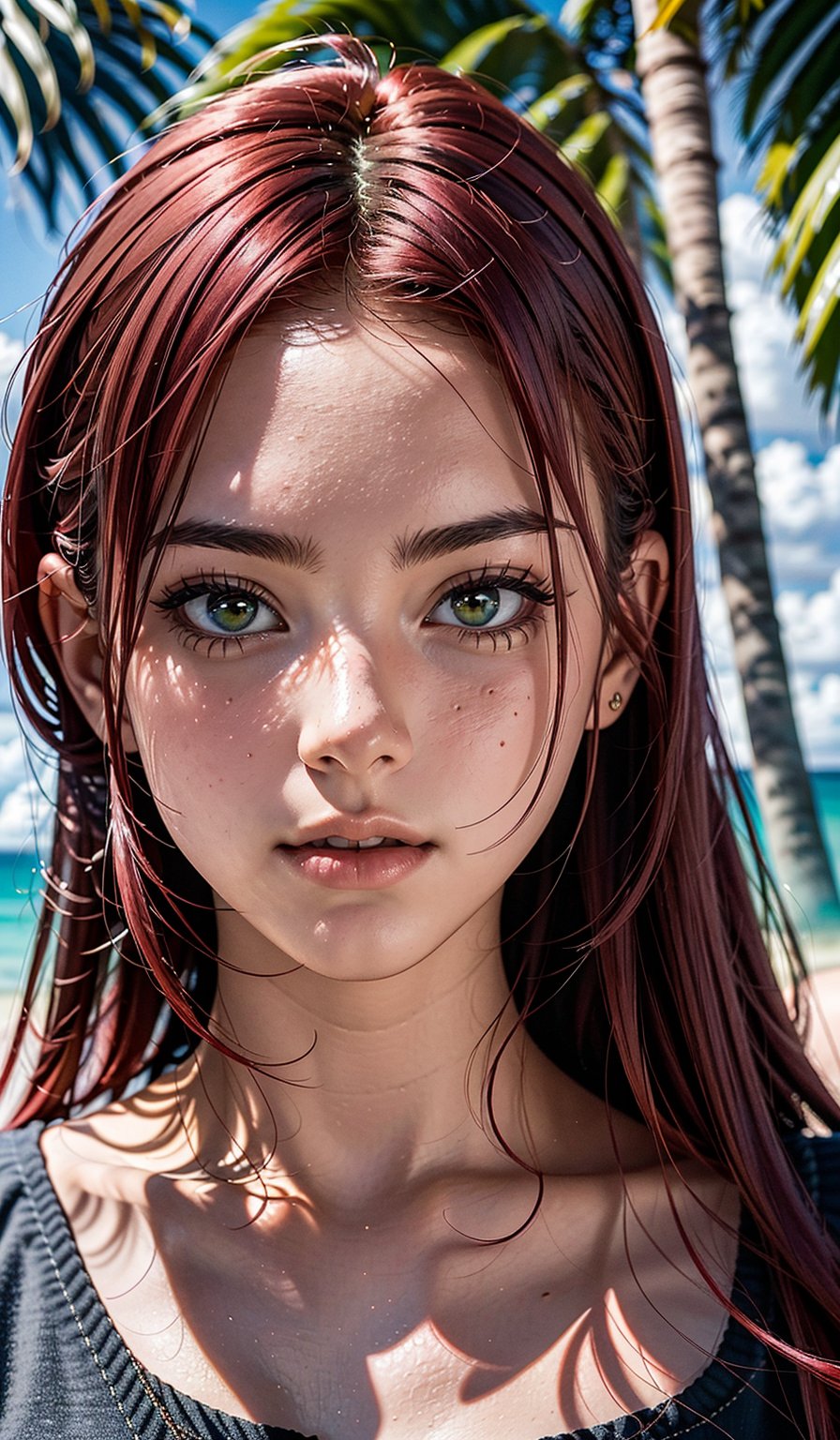 A beautiful girl, with red hair, a beautiful face. against the background of green palm trees, near the sea