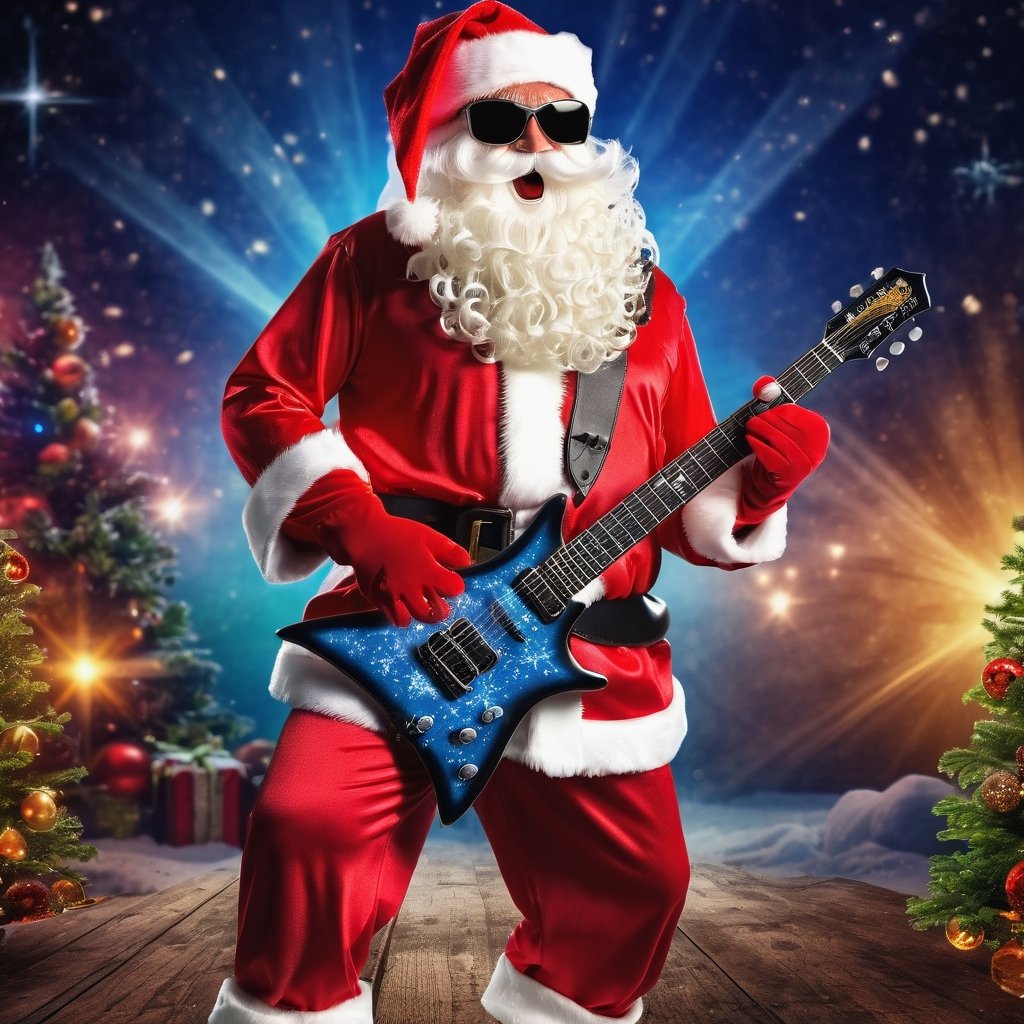 High quality, Santa Claus, metal style, metal concert, Santa in scenery, metal clothes, guitar, realistic, rocking shades