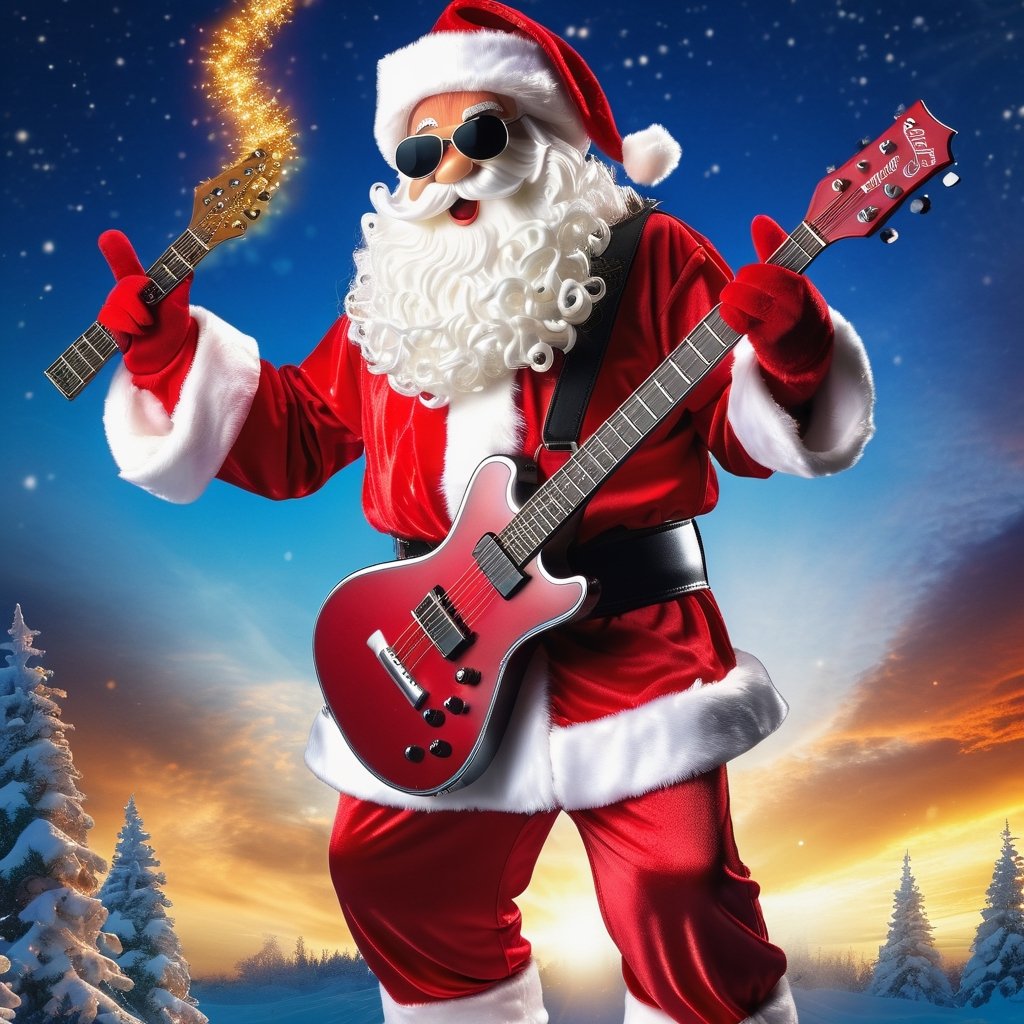 High quality, Santa Claus, metal style, metal concert, Santa in scenery, metal clothes, guitar, realistic, rocking shades,more detail XL,photo r3al