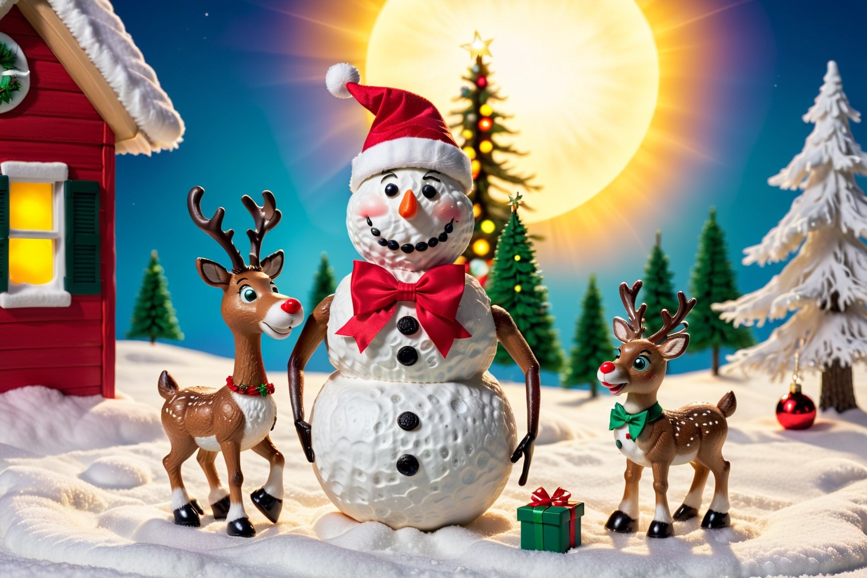 A humorous Christmas scene with a snowman, a reindeer, and a Santa hat. The snowman is in the center of the image, wearing a red and white Santa hat, as well as a green bow tie and vest. He has a silly grin on his face and is holding a miniature Christmas tree. The reindeer is standing next to the snowman, with a confused expression on its face as to what is happening. In the background, there are snow-covered trees and a bright yellow sun. The overall scene is light-hearted and quirky, adding a playful twist to the traditional Christmas imagery. 