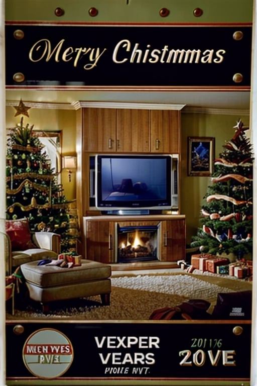 80s, 90s, Christmas, Santa, vintage interior, house, realistic, fireplace, tree, presents, ornaments, lights, sofa, rug, (vintage TV), VCR, poster, ((vintage Style)),vintage ad style
